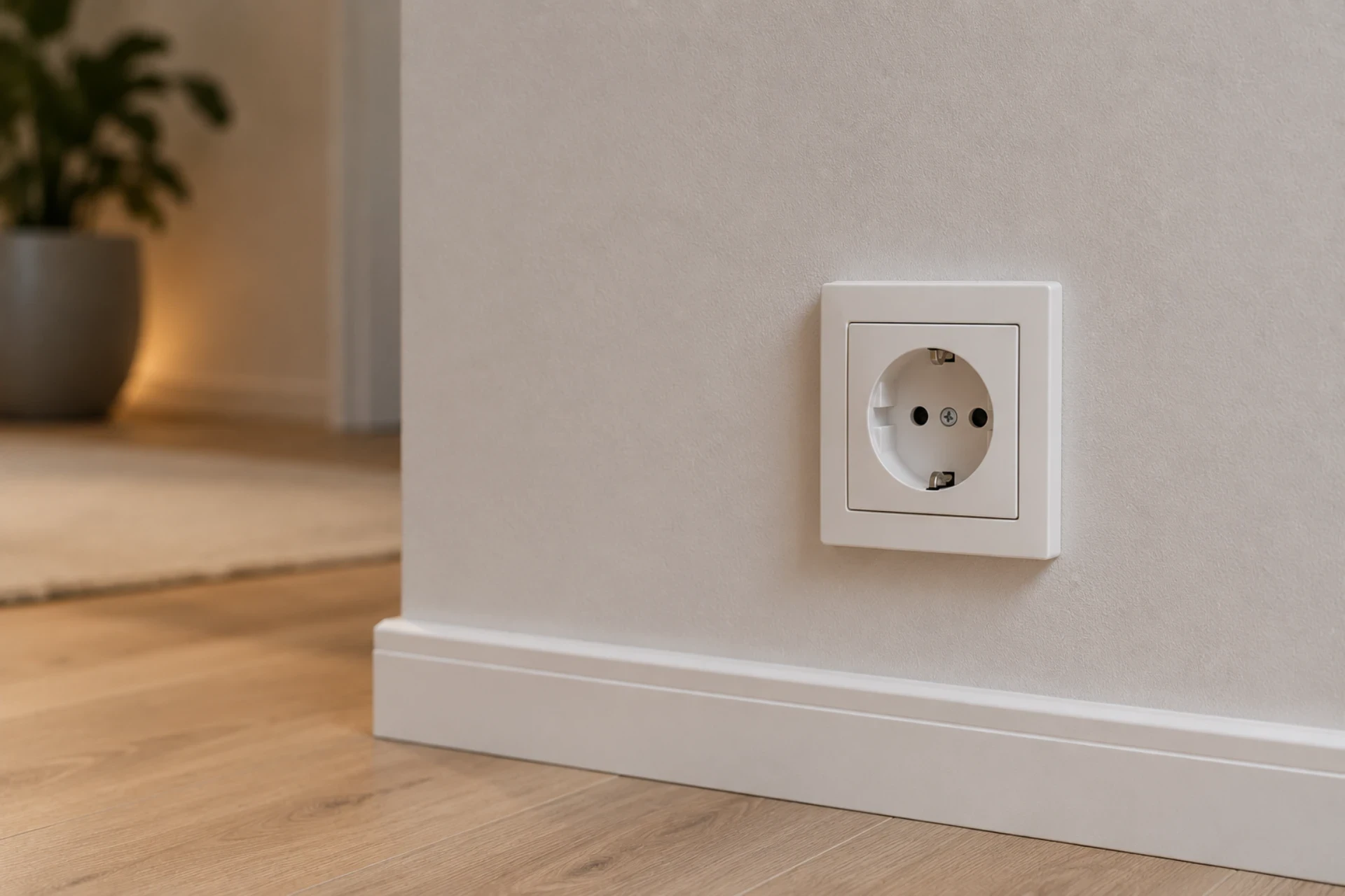 Elektrisk stikkontakt på væg i badeværelse med trægulv.