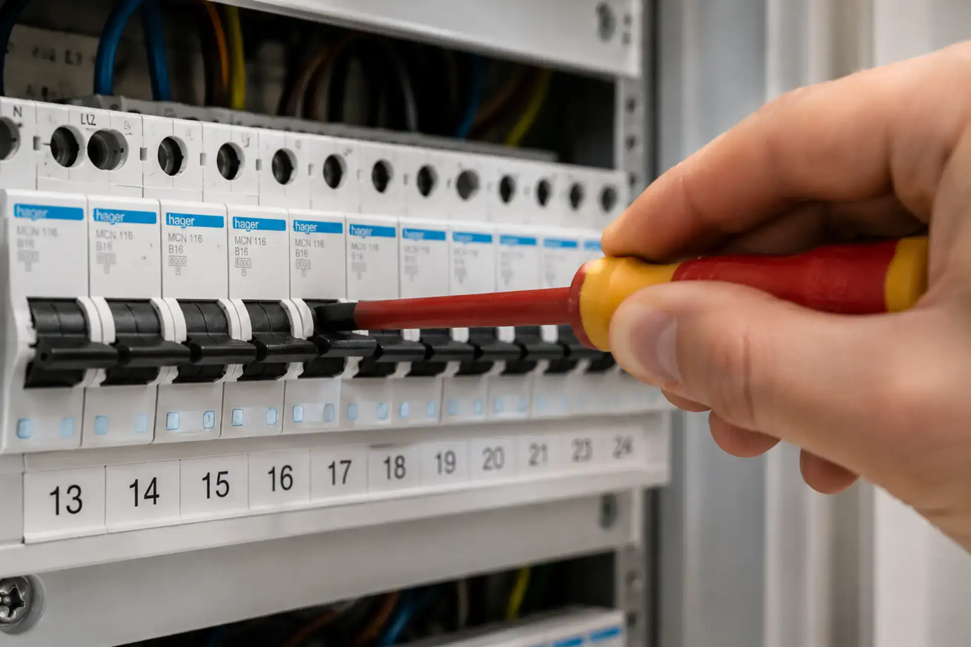Elektriker tester elektrisk kredsløb med multimeter i elskab.