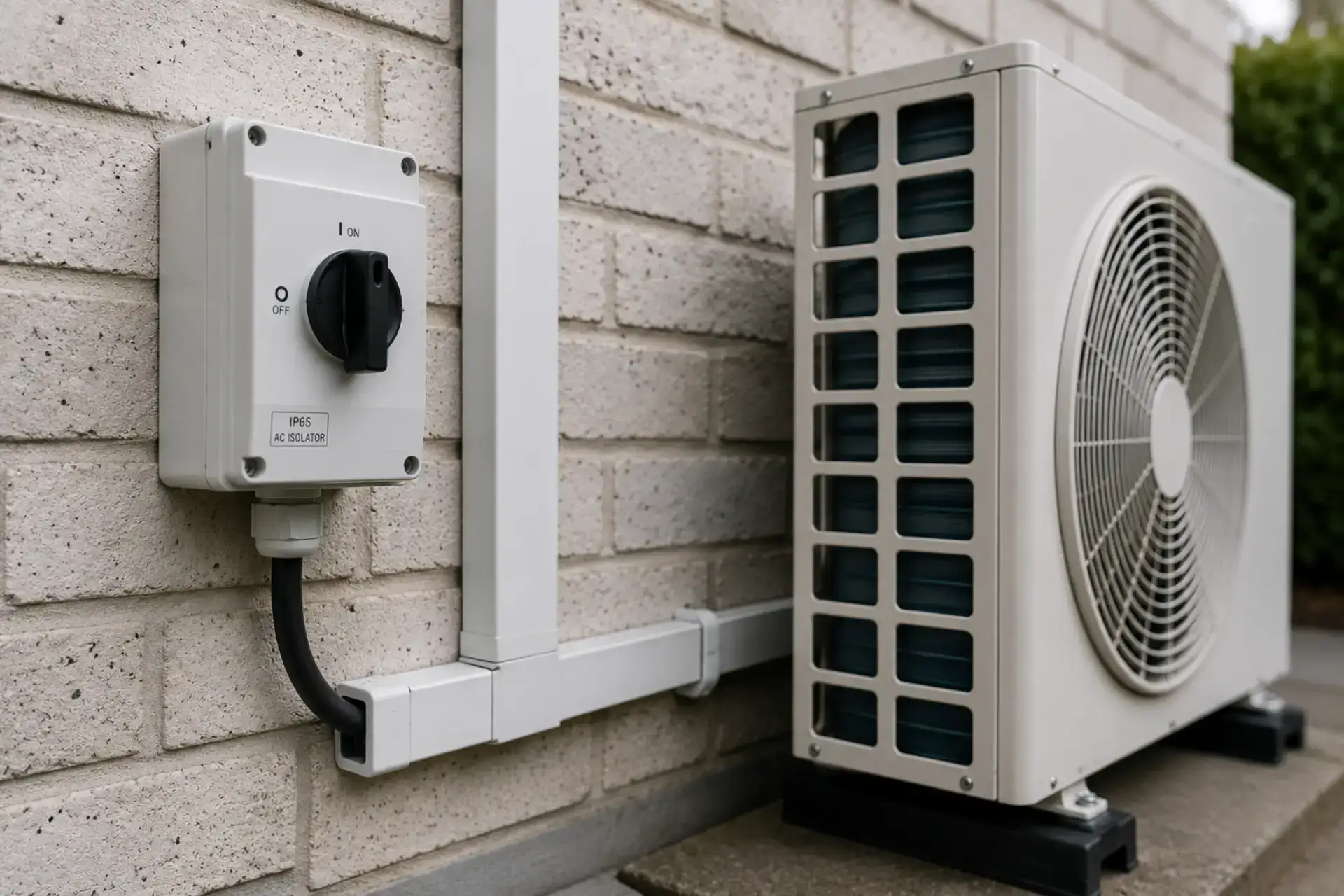 Varmepumpe og elektrisk kontrolpanel udendørs på væg.