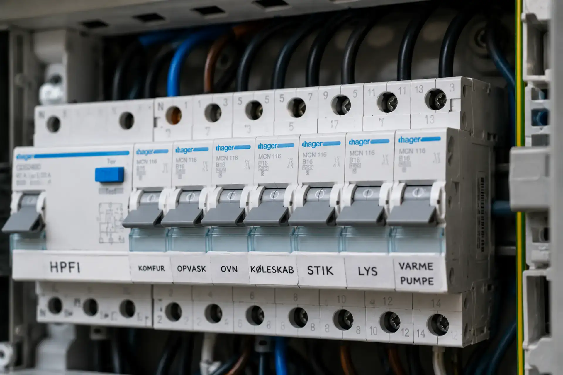 Elektrisk sikringskasse med automatsikringer og kabler.