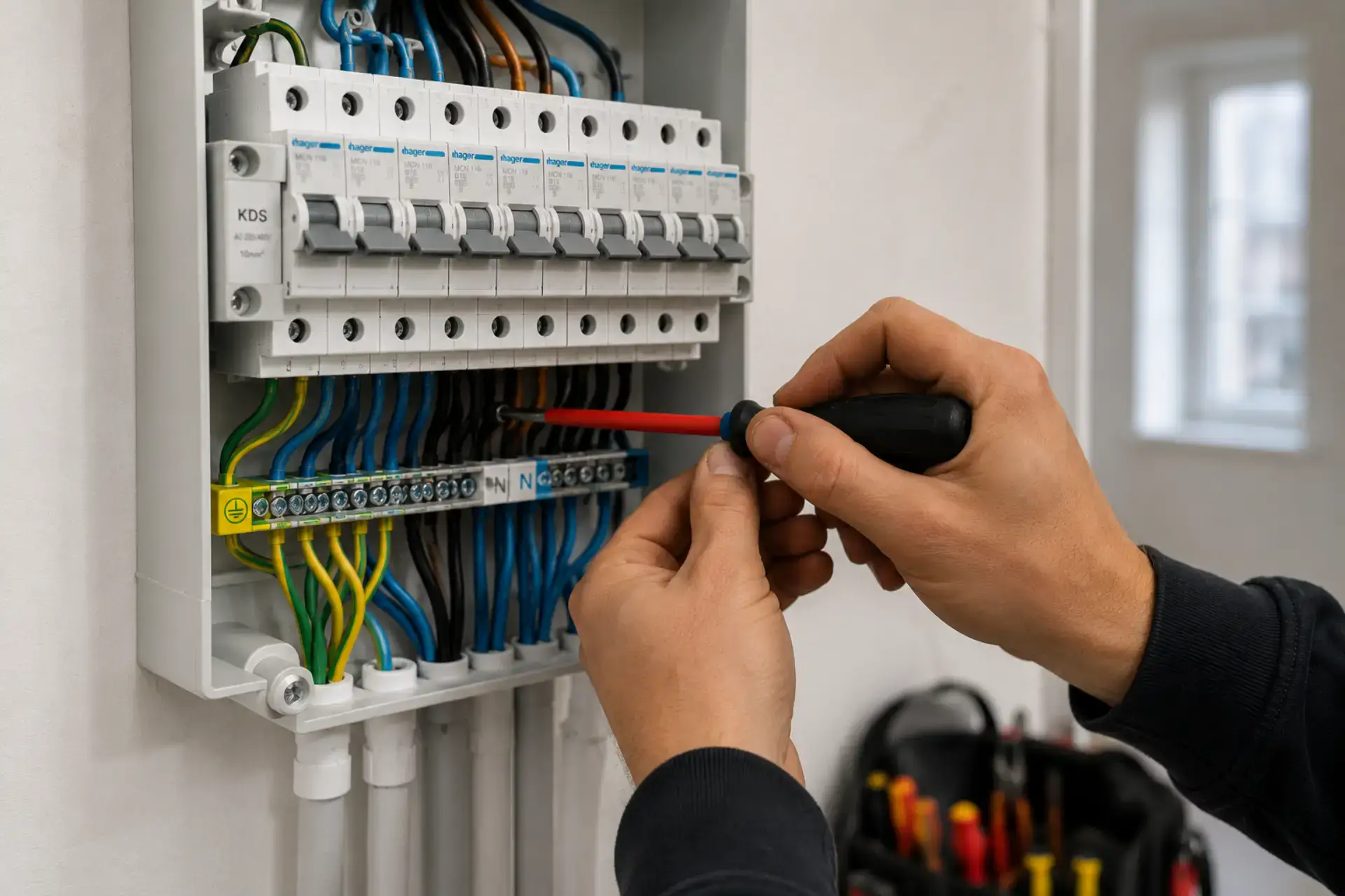 Elektriker arbejder på elektrisk tavle med værktøj i hånden.