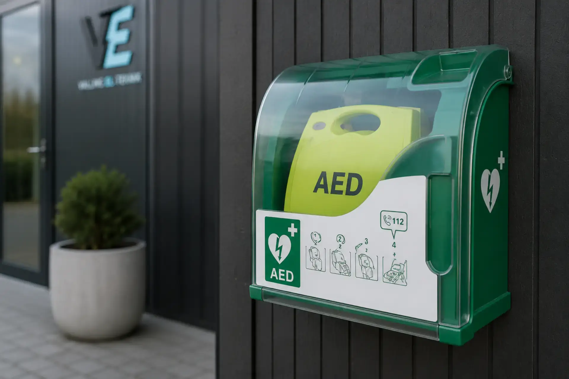 AED-automat til førstehjælp ved Valling El & Teknik.