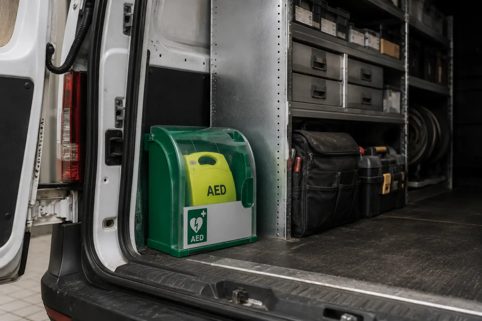 AED hjertestarter i en servicebil, klar til brug.