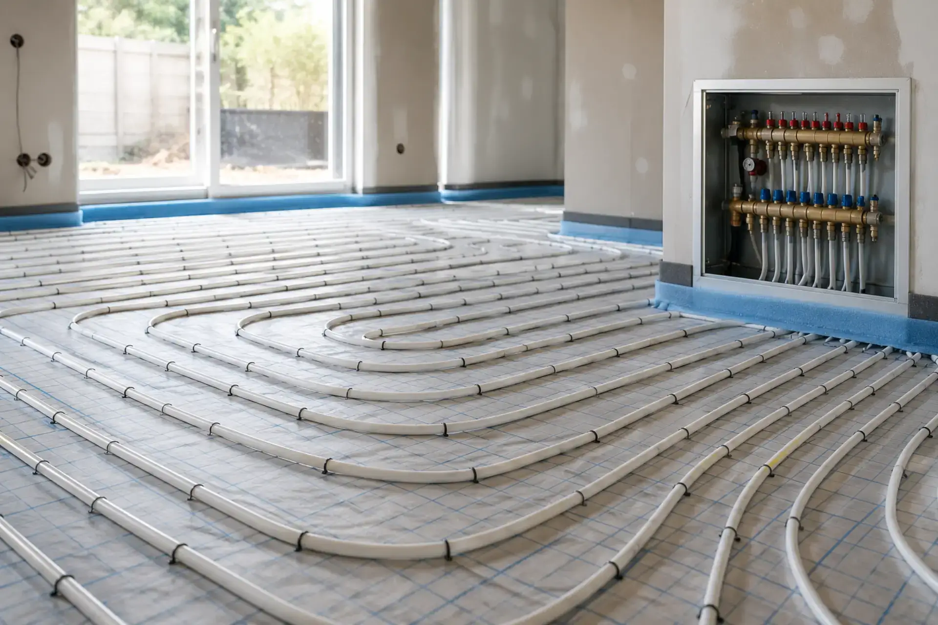 Varmtvandsrør og gulvvarmeinstallation i et nybygget hus.