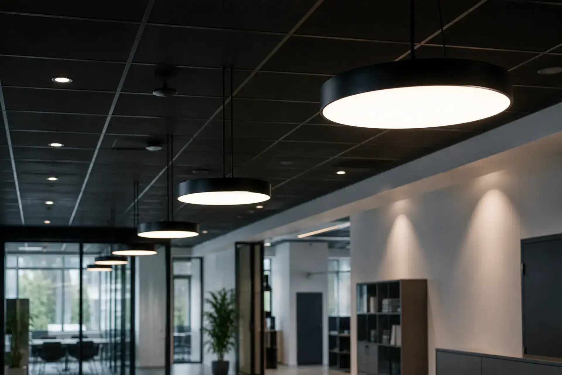 Moderne kontorlokale med sorte loftlamper og store vinduer.