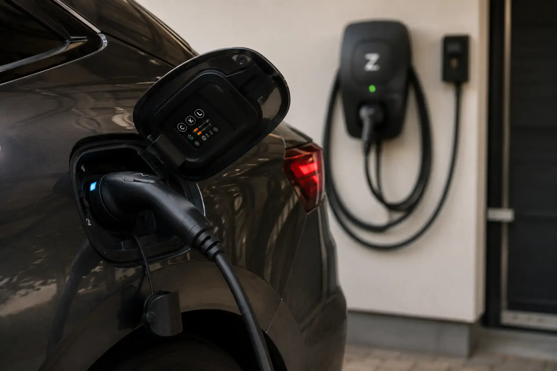 Elbil-ladestander til bil i garage med ladekabel til elbil.