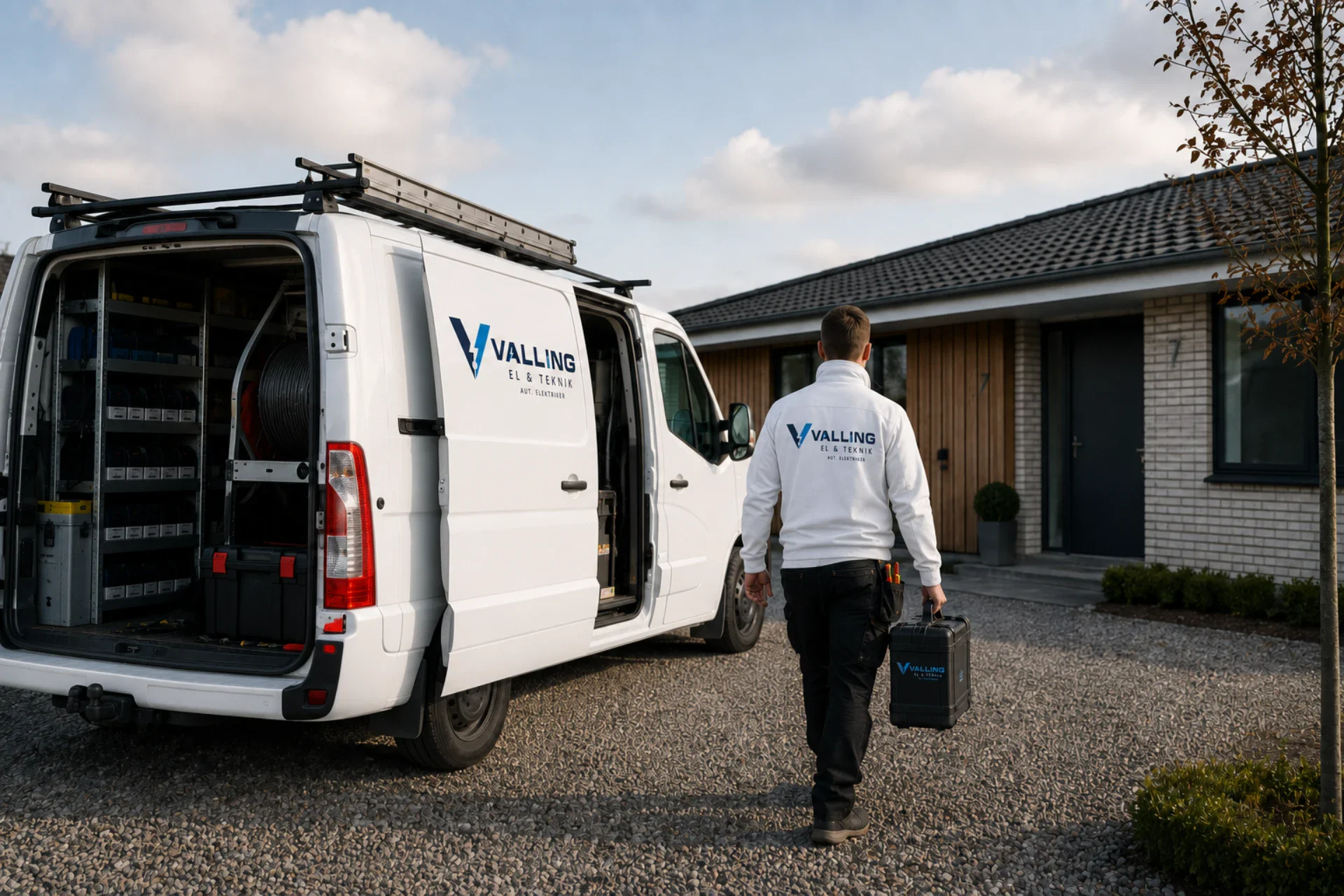 Valling El & Teknik servicebil og tekniker foran bolig.