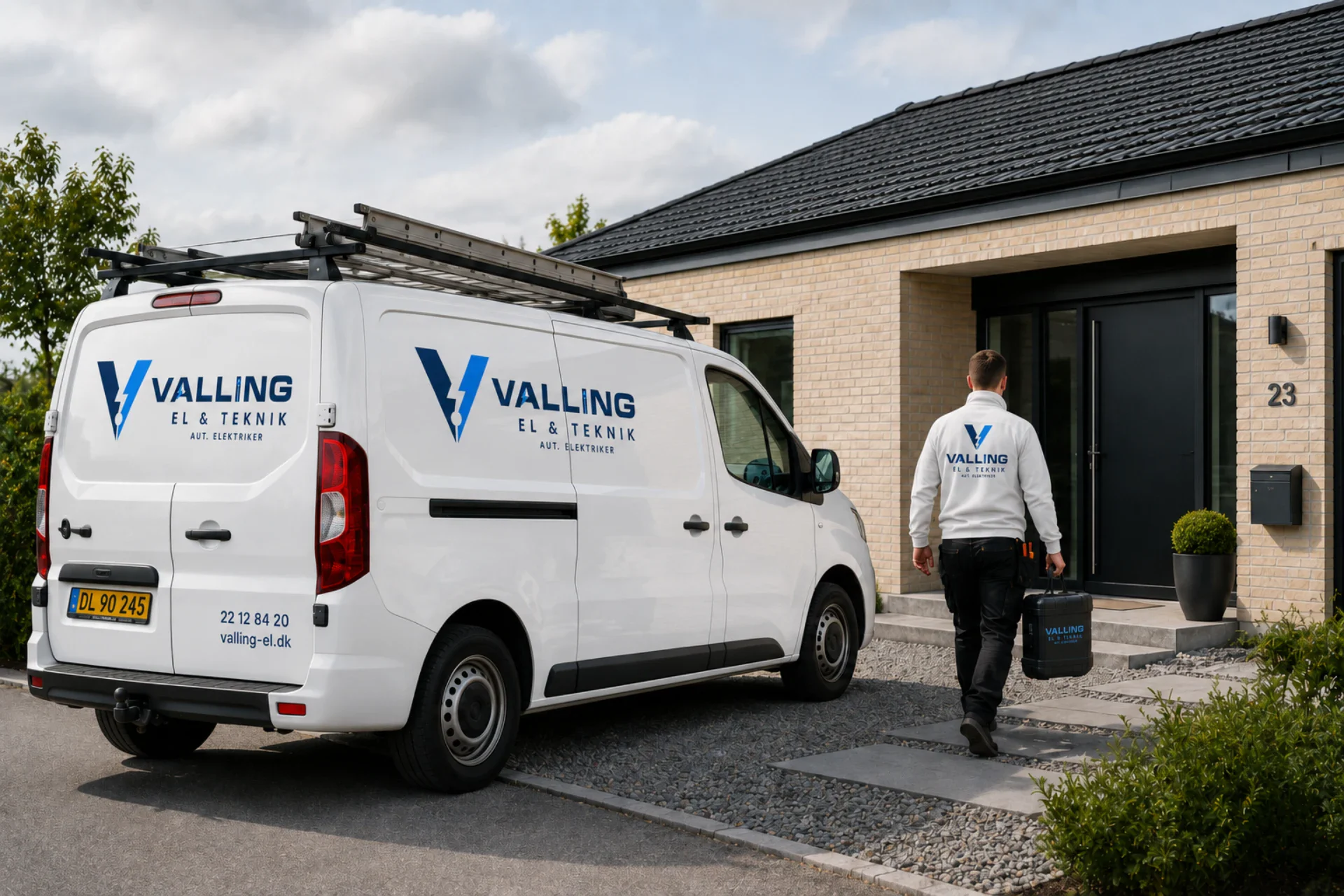 Valling El & Teknik servicebil foran bolig med tekniker i uniform.