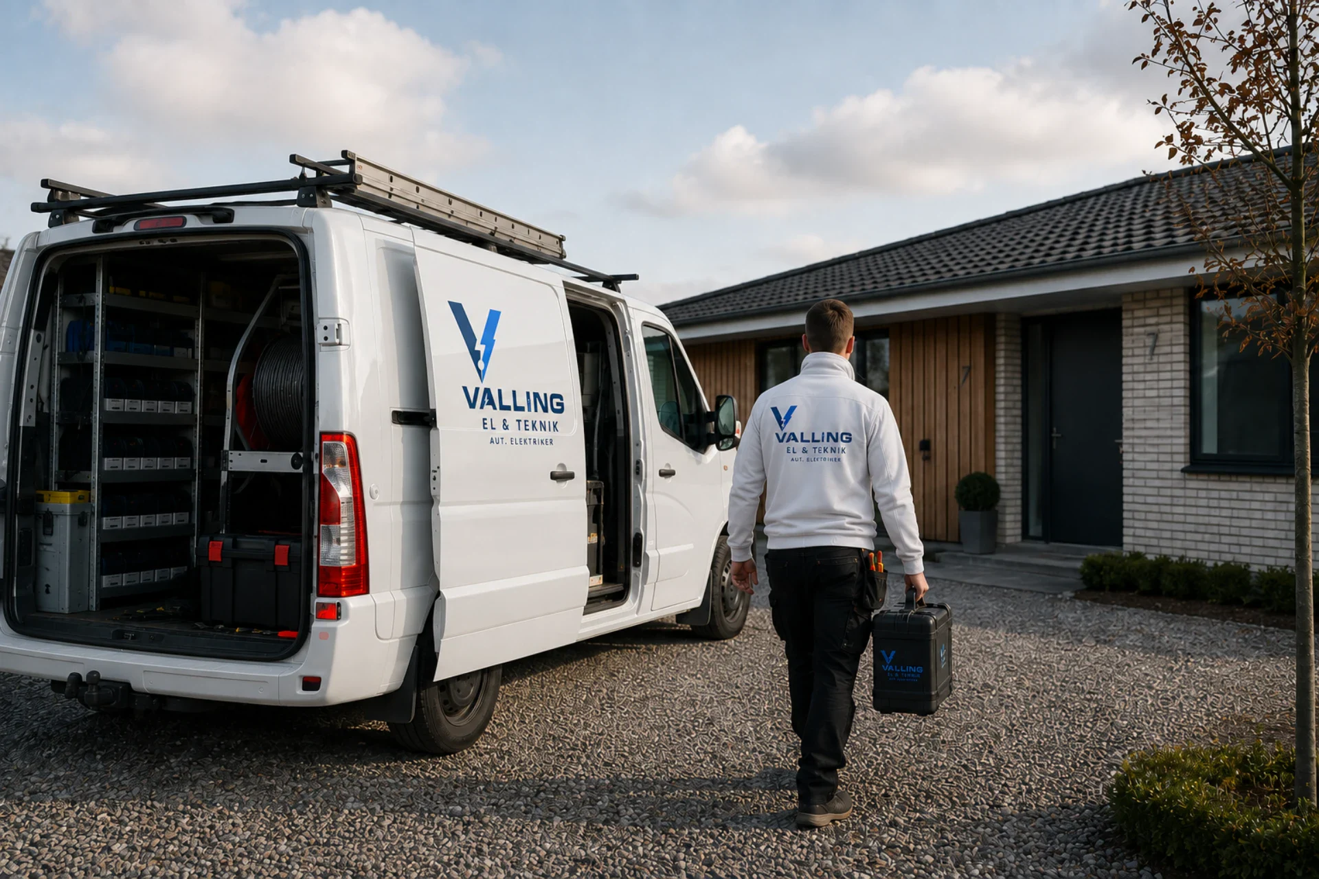 Valling El & Teknik servicebil og tekniker foran hus.