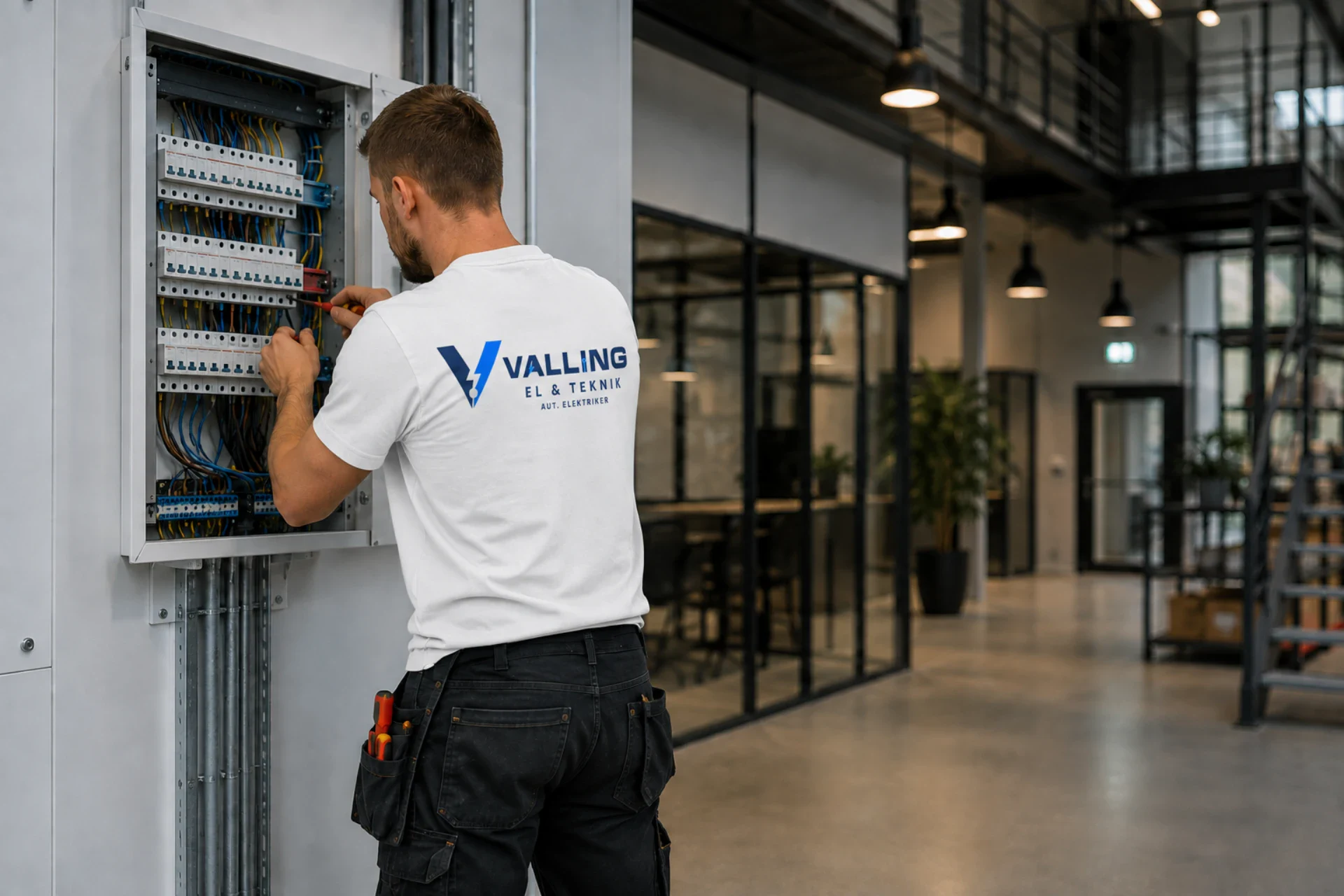 Elektriker arbejder på el- og teknikinstallationer hos Valling El & Teknik.