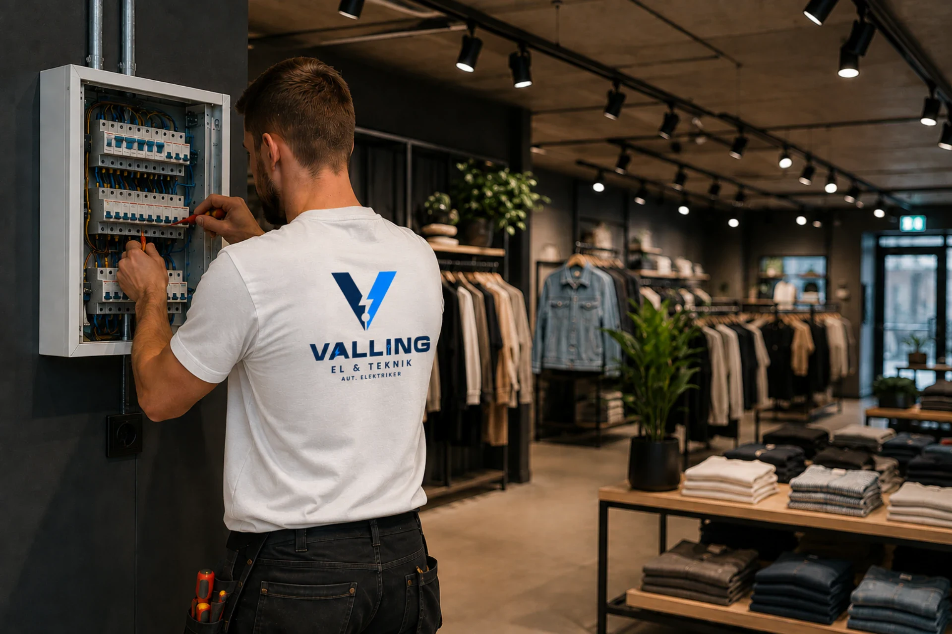 Elektriker fra Valling El & Teknik arbejder i butik med tøj og indretning.